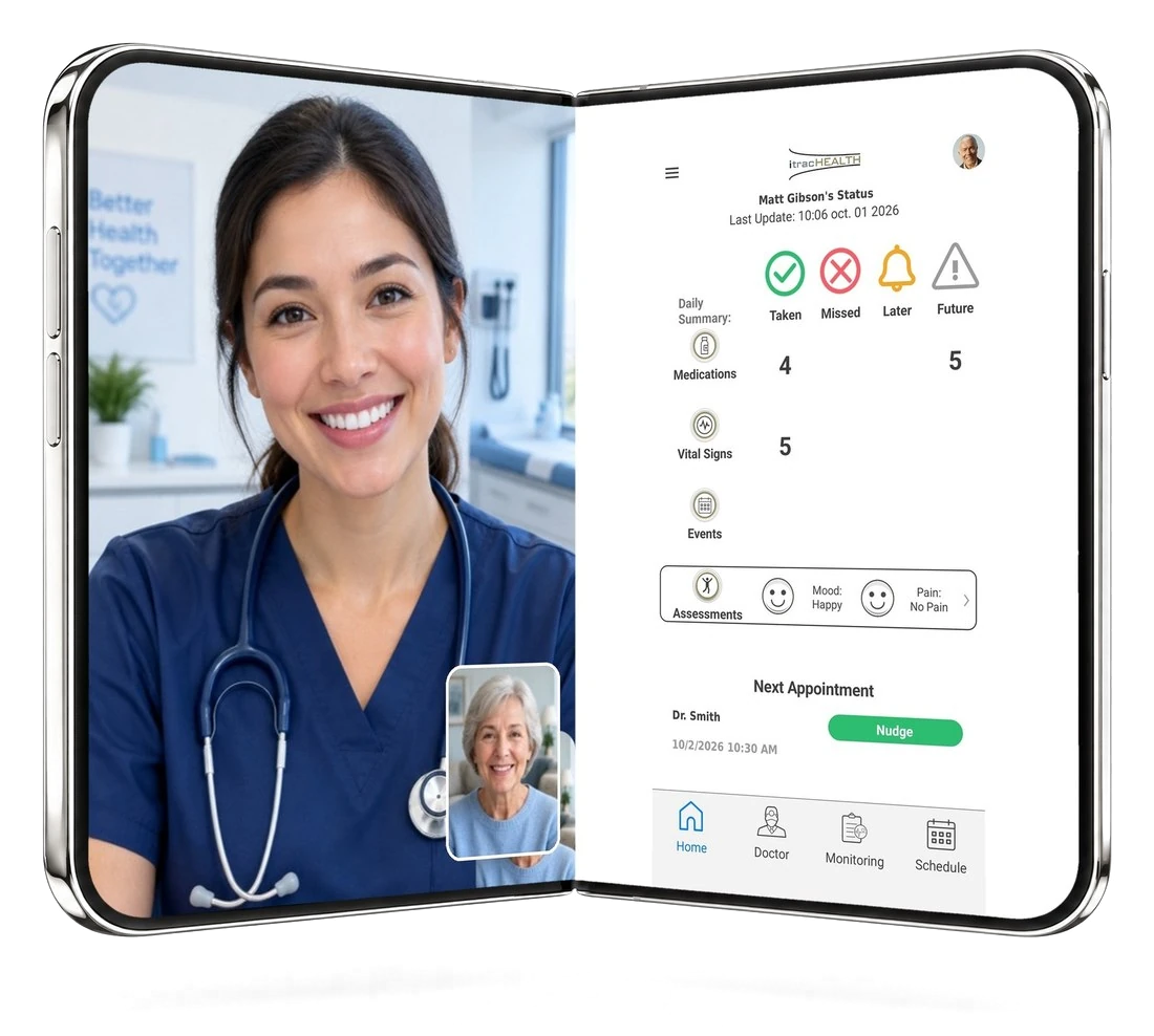 itracINSITE telehealth call with a care professional beside the eSSIST app, on the iPhone Duo