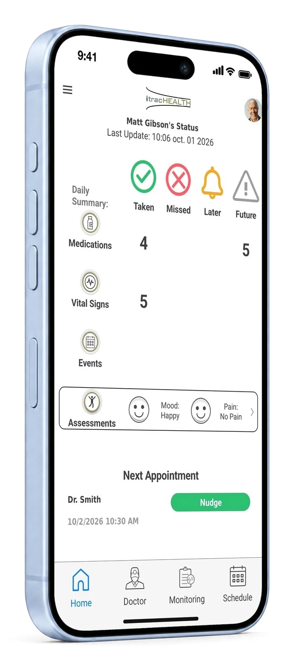 eSSIST caregiver app showing a daily routine status on the iPhone 18 Pro