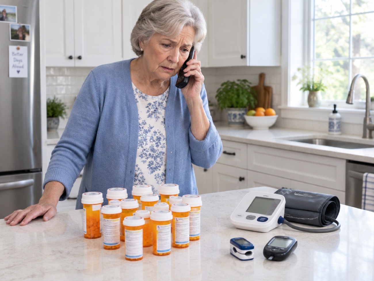 A senior woman on the phone facing twelve medications and several vital-sign monitors on her kitchen counter