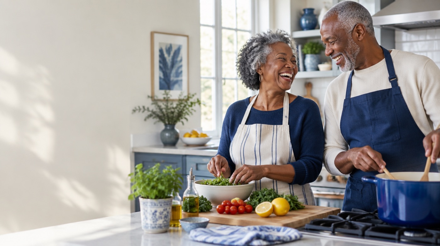 A senior couple cooking together at home
