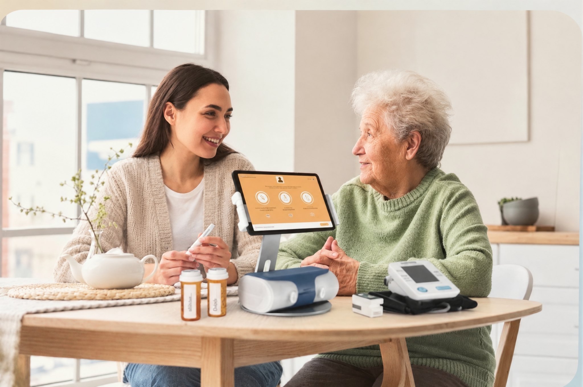 A caregiver helping a smiling senior woman with her eNURSE, with her medications and vital-sign monitors on the table